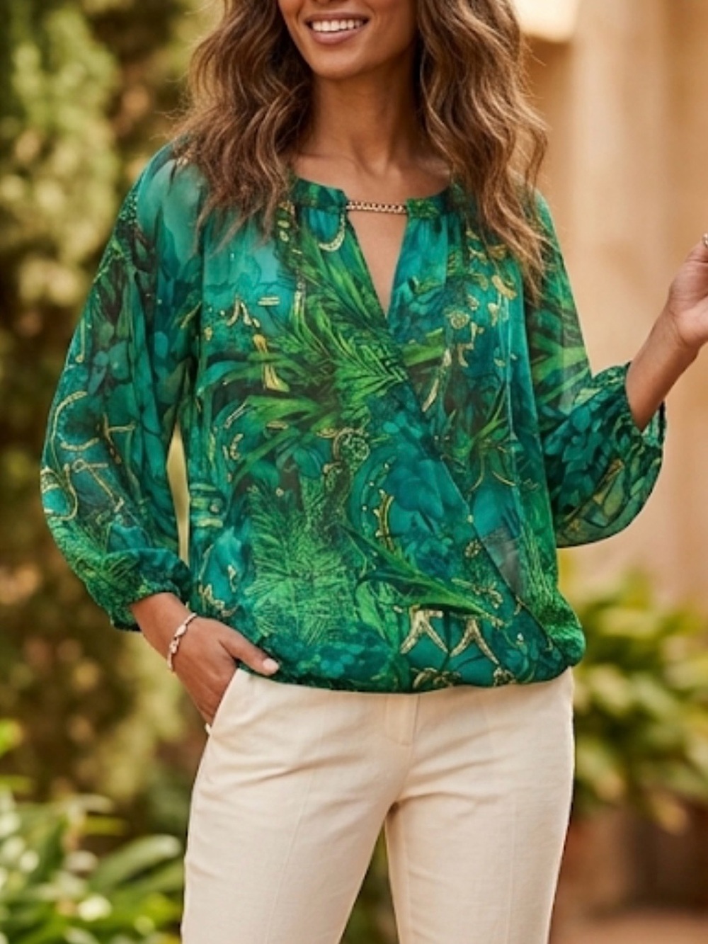 Jennifer Lopez Green Tropical Print Wrap Blouse with Chain Detail